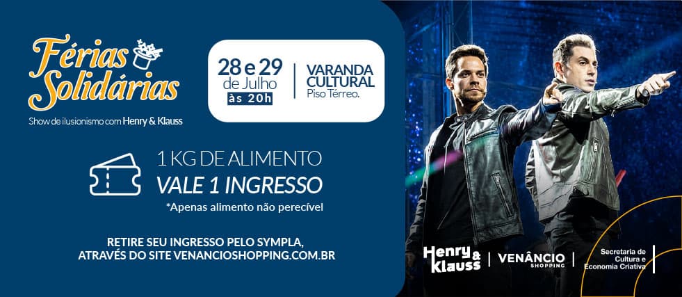 Banner do evento Férias solidárias - Show de ilusionismo com Henry & Klauss